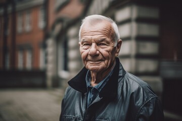 Portrait of an old man in the city, looking at the camera