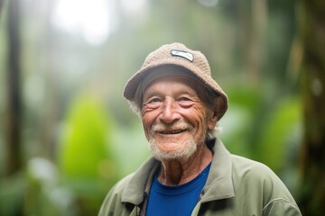 Naklejka na ściany i meble Portrait of happy senior man smiling at camera in the rainforest