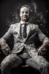Fototapeta na wymiar happy business man covered in white powder cocaine, isolated on black background, made with generative ai