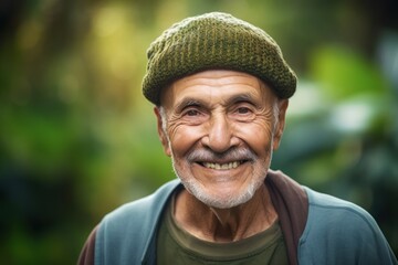 Naklejka na ściany i meble Portrait of smiling senior man in green hat standing in park on a sunny day