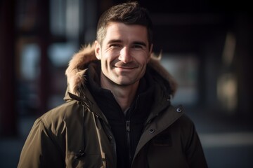 Portrait of a smiling young man in winter coat looking at camera
