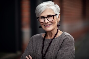Portrait of smiling senior woman with eyeglasses against brick wall