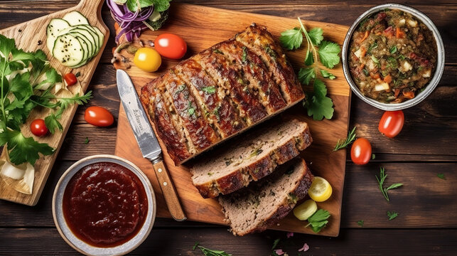 Meatloaf with hurbs on cutting board on  wooden background . Top view, flat lay, copy space 
