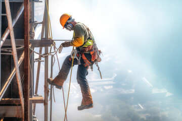 Construction worker climber on a site wearing construction safety equipment working at height, Generative AI