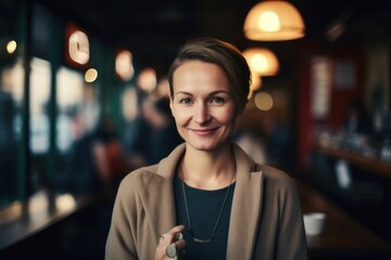 Fototapeta na wymiar Portrait of a smiling young woman in a cafe looking at camera