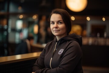 Obraz premium Portrait of a beautiful young woman in a cafe, indoors.