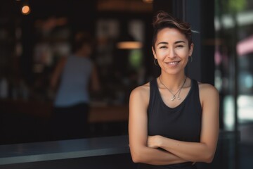 Fototapeta na wymiar Medium shot portrait photography of a pleased woman in her 30s wearing a sporty tank top against a coffee shop or cafe background. Generative AI