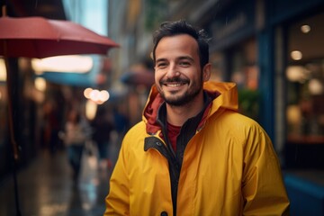 Fototapeta premium Portrait of handsome young man in yellow raincoat smiling and looking at camera