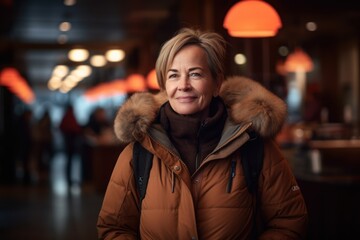 Portrait of smiling mature woman in winter jacket standing in cafe.
