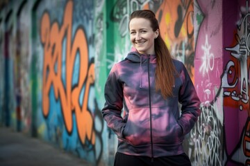 Naklejka premium Portrait of a young woman in sportswear against graffiti wall