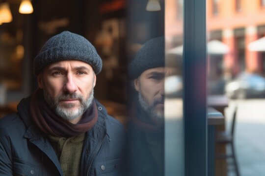 Portrait of bearded man in hat and jacket looking through cafe window