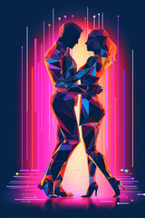 tanzendes Paar im Neon Retro Disco Look. Hochkant. Generative Ai.