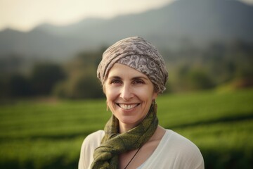 Environmental portrait photography of a pleased woman in her 40s wearing a foulard against a tea plantation or farm background. Generative AI - obrazy, fototapety, plakaty