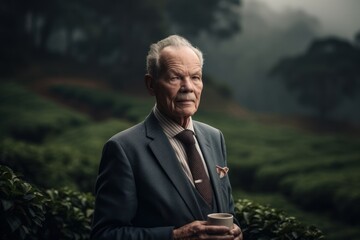 Portrait of a senior businessman with a cup of tea in tea plantation