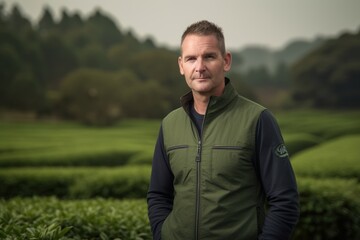 Naklejka na ściany i meble Environmental portrait photography of a pleased man in his 40s wearing a comfortable tracksuit against a tea plantation or farm background. Generative AI