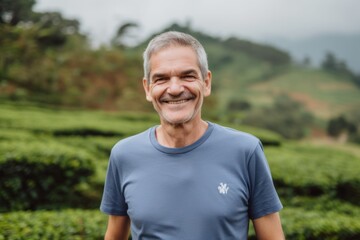 Naklejka na ściany i meble Portrait of smiling mature man standing at tea plantation in Cameron Highlands, Malaysia