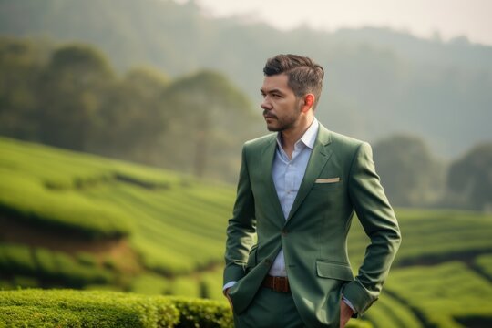 Medium shot portrait photography of a satisfied man in his 30s wearing a classic blazer against a tea plantation or farm background. Generative AI