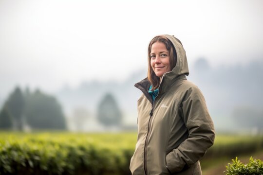 Young woman standing in tea plantation on a foggy day, portrait