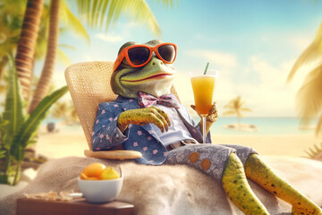 Fototapeta premium a frog tourist relaxing at beach vacation at a tropical resort, funny holiday concept, AI generative