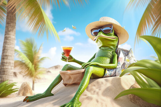 a frog tourist relaxing  at beach vacation at a tropical resort,  funny holiday concept, AI generative