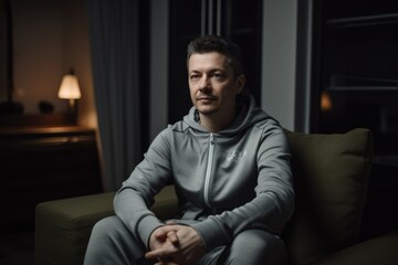 Portrait of a young man in a gray hoodie sitting on a sofa at home in the evening.