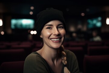 Portrait of a beautiful young woman smiling in a movie theater.