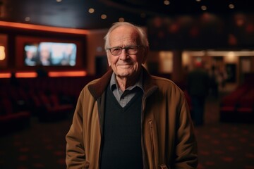 Portrait of senior man with eyeglasses standing in cinema hall