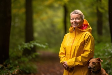 Pet portrait photography of a satisfied woman in her 40s wearing a vibrant raincoat against a woodland or enchanted forest background. Generative AI