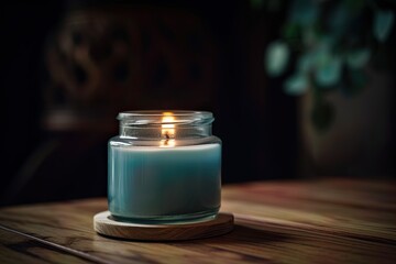 Obraz na płótnie Canvas photo of single aromatherapy candle on wooden table
