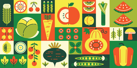 Geometric fruits and vegetables mosaic. Grocery goods, agriculture products grid and healthy food promotion vector background illustration