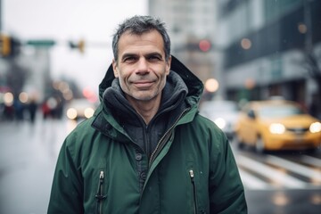 Obraz premium Portrait of a handsome middle-aged man in a raincoat on the street