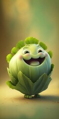 Happy smiling green cabbage face cartoon character, funny cute vegetable sticker color personage icon isolated on green background, healthy organic vegan diet food. AI generative.