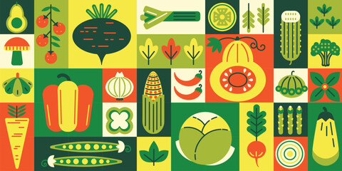 Geometric vegetable mosaic. Healthy food market, grocery products and local farm goods grid tiles background. Garden-fresh veggie shop vector illustration