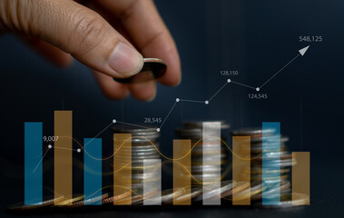 Human hand holding stack of coin and chart business financial investment data graph, business growth, money, stock market, chart, interest rate, investment, funds, percent commission, banking increase