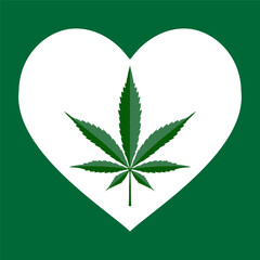 Heart with cannabis, marijuana, marihuana, hemp, weed leaf inside. Marijuana Heart. Cannabis lover sign.