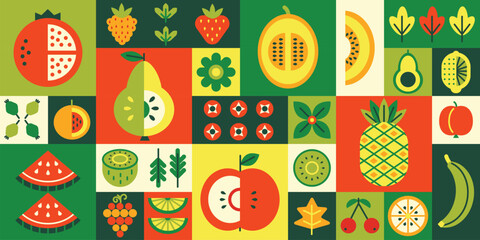 Geometric fruit mosaic. Healthy diet, fresh juicy fruits and berries. Natural grocery food products grid tiles vector background illustration - obrazy, fototapety, plakaty
