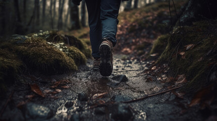 Hiking in the woods. A man walks along a mountain stream.