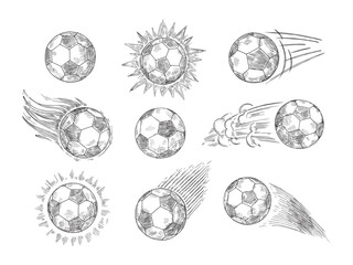 Sketch soccer balls. Hand drawn flying association football ball, european sport and fast motion black and white ball vector illustration set