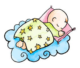 Hand drawn watercolor illustration of sleepy baby. Sleepy child lay on the cloud in doodle style.