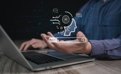 AI Chat technology concept : Man using smart robot AI to enter command prompt for generates something by artificial intelligence for Futuristic technology transformation.