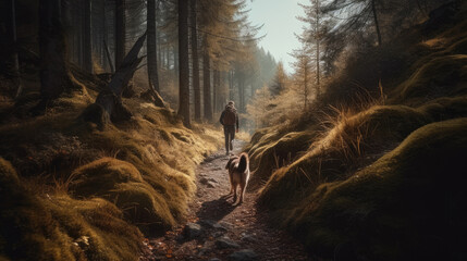 Man walking with dog in the autumn forest