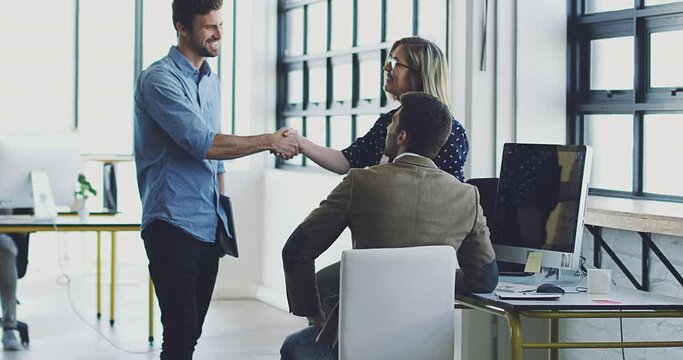Welcome handshake, thank you and business people for hiring contract deal, meeting and partnership in city office. Teamwork, worker shaking hands on trust, consulting for b2b sale success and support