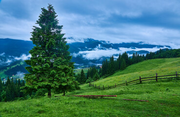 Majestic mountains landscape under morning sky with clouds. Overcast sky before storm. Carpathian, Ukraine