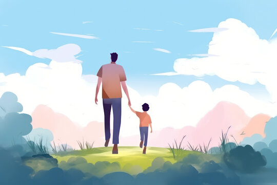 Happy father' day  flat design father and son walk and hold hand watercolor style. Generative ai.