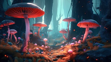 Fototapeta premium A surreal forest with trees made of mushrooms. Fantasy concept , Illustration painting. Generative AI