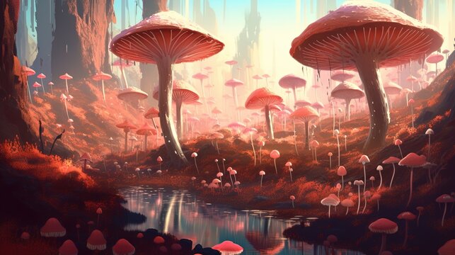 A surreal forest with trees made of mushrooms. Fantasy concept , Illustration painting. Generative AI