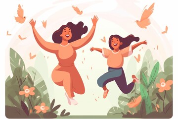Obraz na płótnie Canvas Happy mother and daughter having fun together and rejoicing. Flat vector illustration. Generative ai.