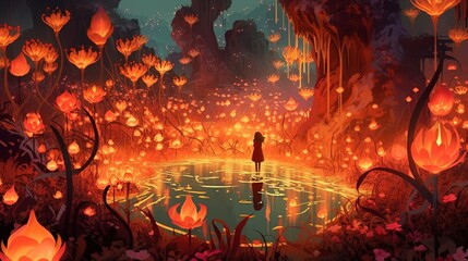 A surreal garden with flowers made of fire. Fantasy concept , Illustration painting. Generative AI