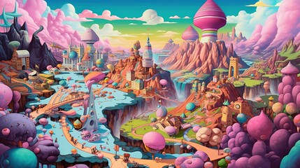 A surreal landscape of a city made out of candy. Fantasy concept , Illustration painting. Generative AI