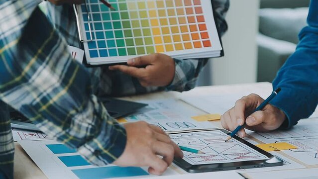 Website designer Creative planning application development draft sketch drawing template layout framework wireframe design studio . User experience concept .